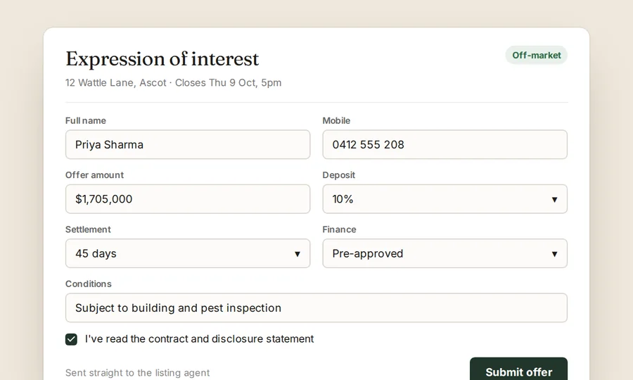 A filled-in expression of interest form for a property