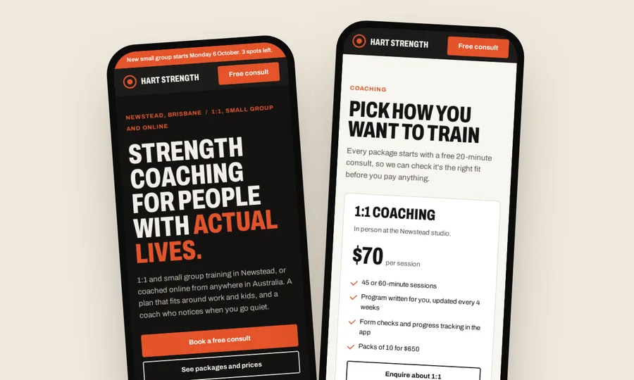 A personal trainer website on two phones