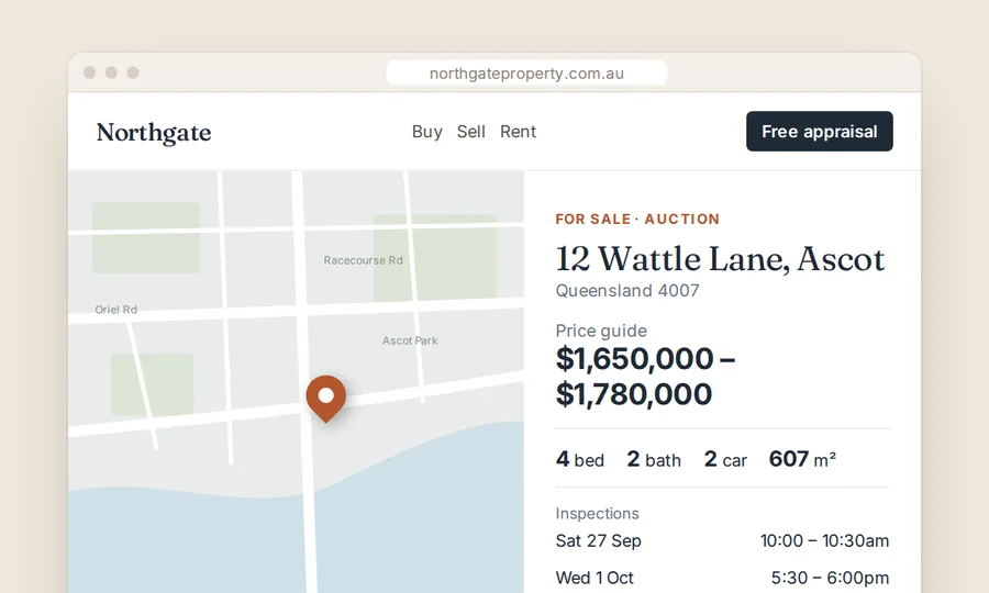 A real estate listing page with a map, price guide and inspection times