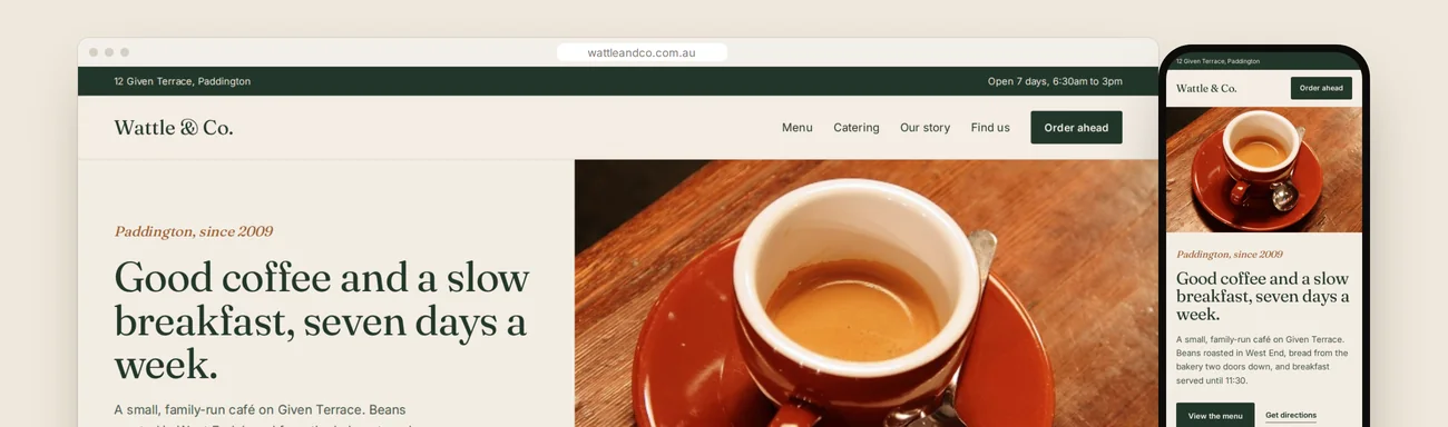 A café website concept on a laptop and phone