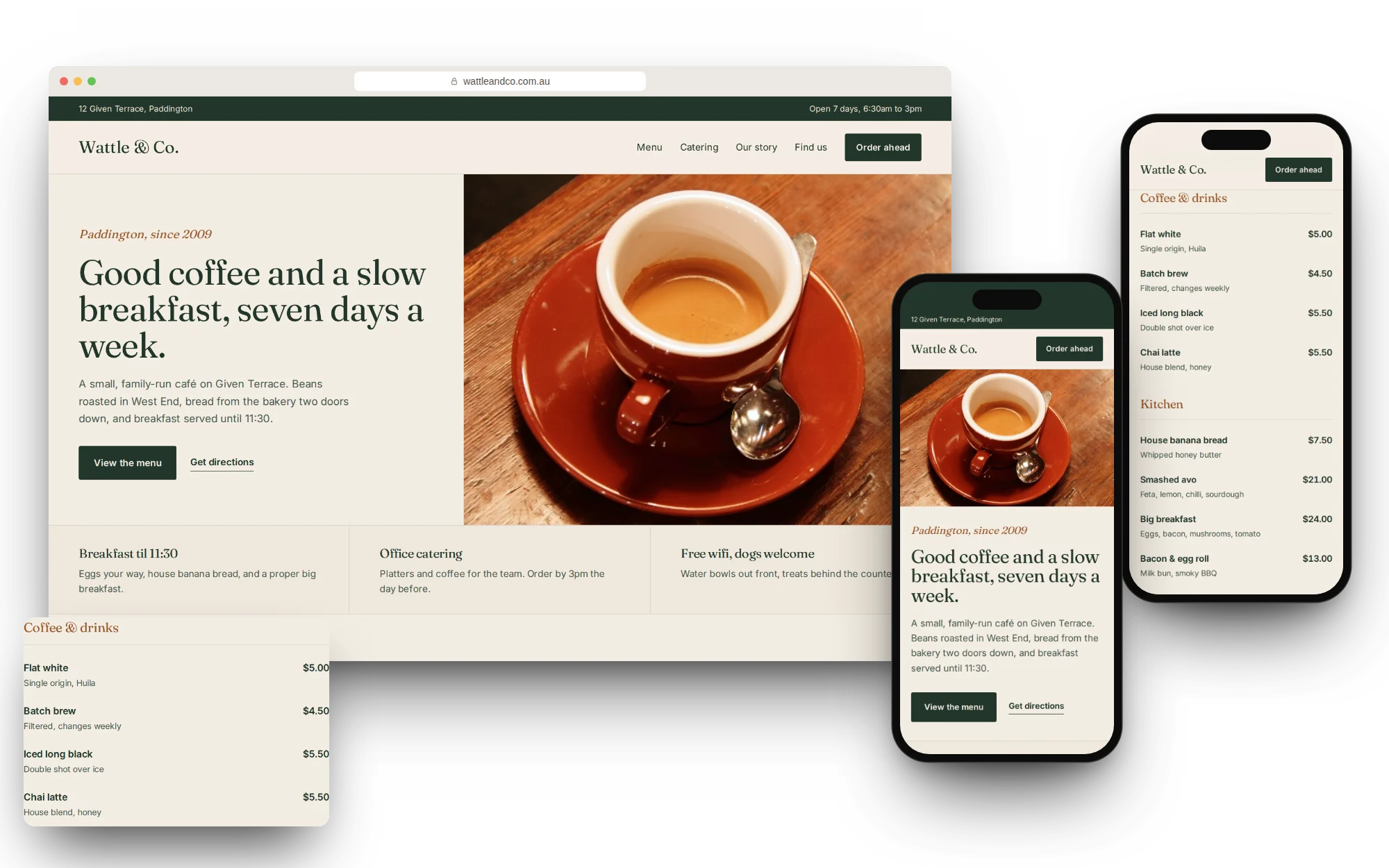A café website concept in a browser and on two phones, with a close-up of the menu prices