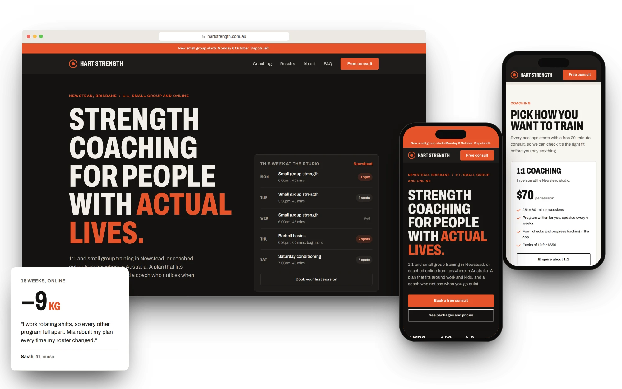A personal trainer website concept in a browser and on two phones, with class times, packages and a client result