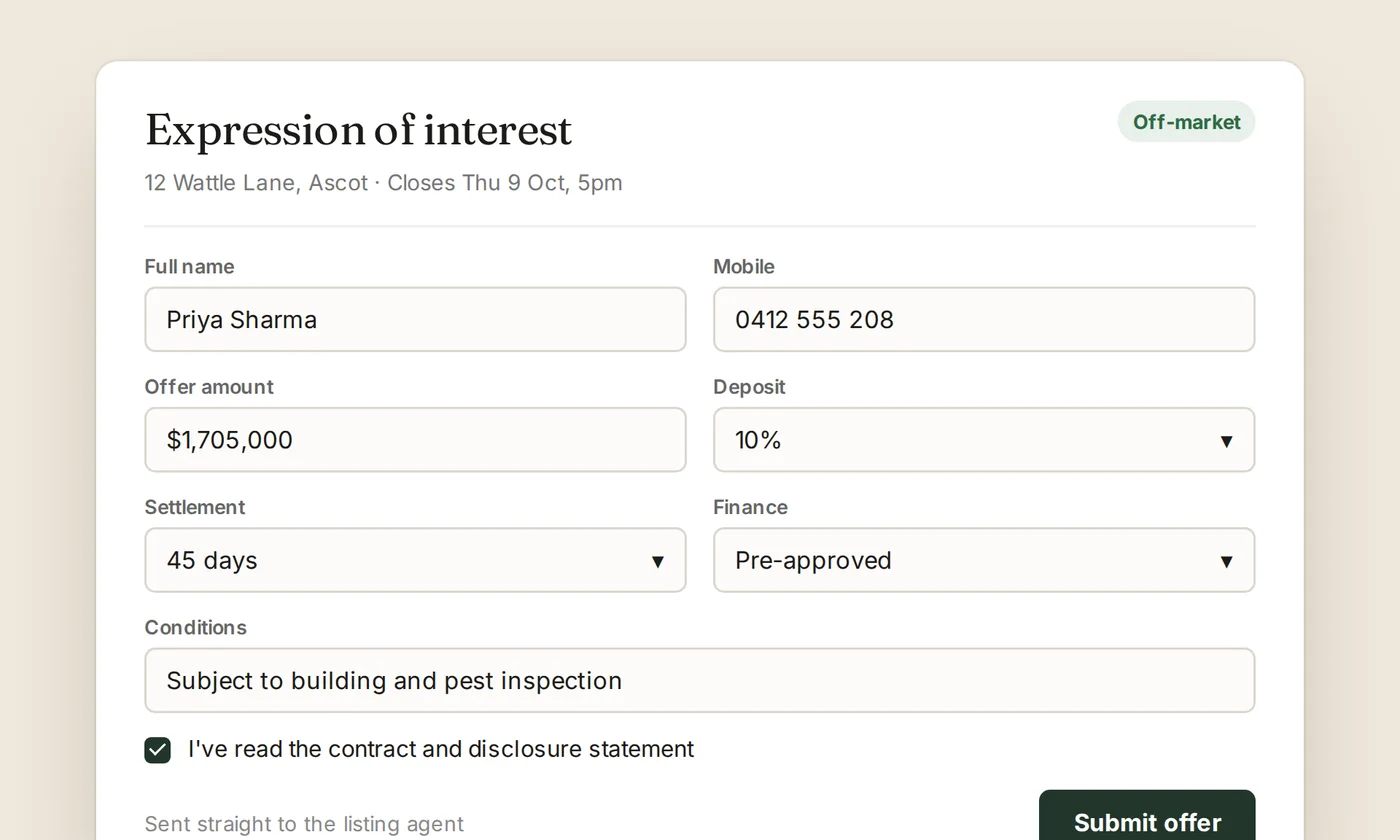 A filled-in expression of interest form for a property