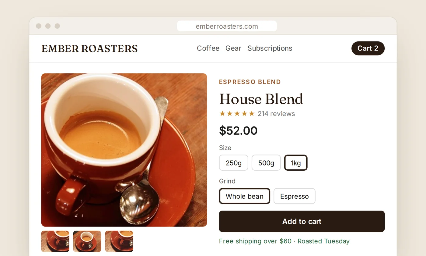 A Shopify product page for a coffee roaster
